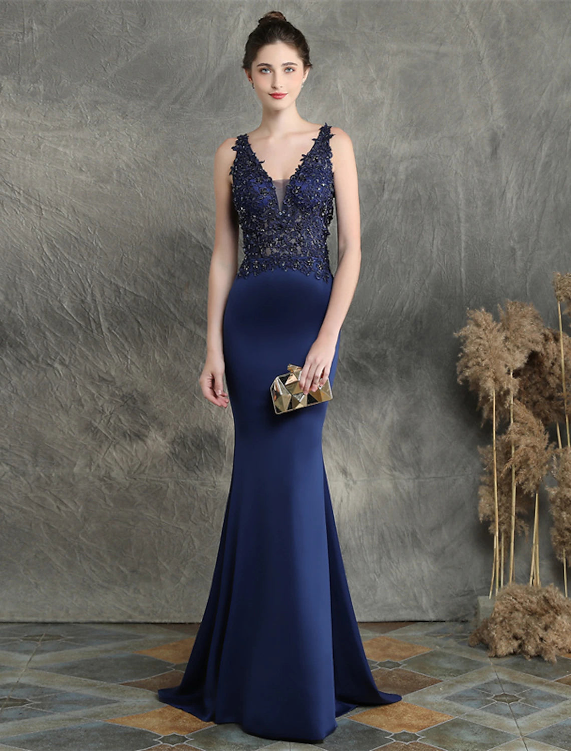 Full length front view of the V-neck Mermaid Trumpet formal dress.