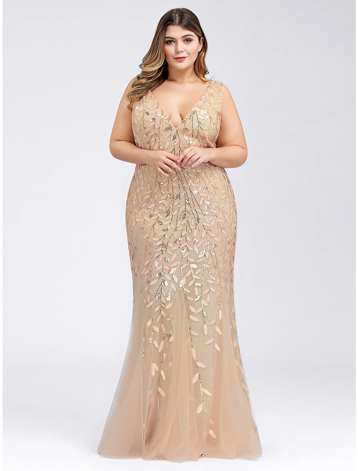 Full length view of plus size formal mermaid trumpet dress.