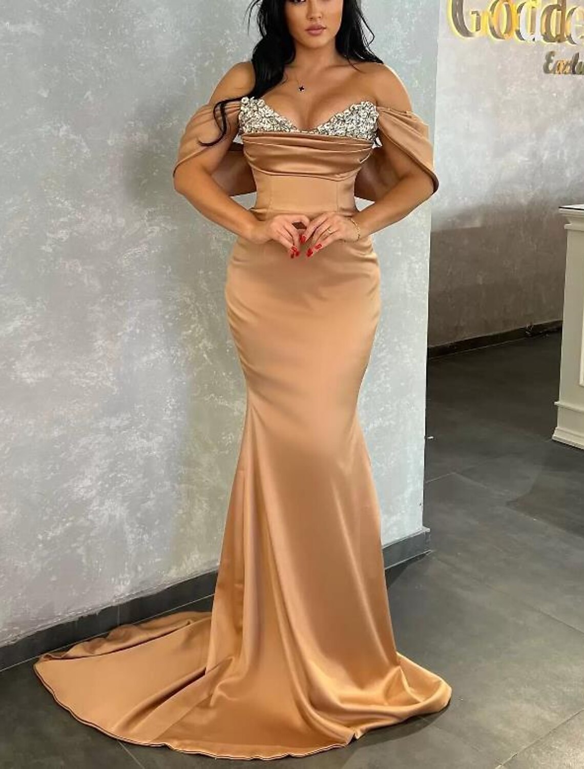 Mermaid trumpet evening gown with V-neck and delicate beading details.