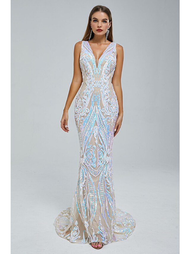 Elegant sequined mermaid trumpet evening gown with V-neck.