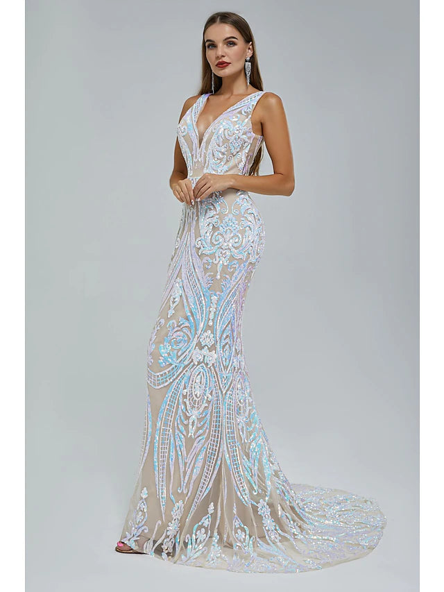 Detailed texture of the sequined fabric on the gown.