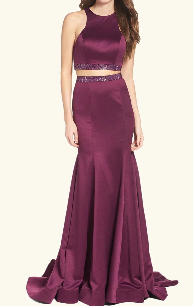 Sleeveless mermaid two-piece formal evening gown.