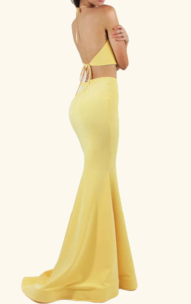 Model posing in the elegant mermaid two-piece formal evening gown.
