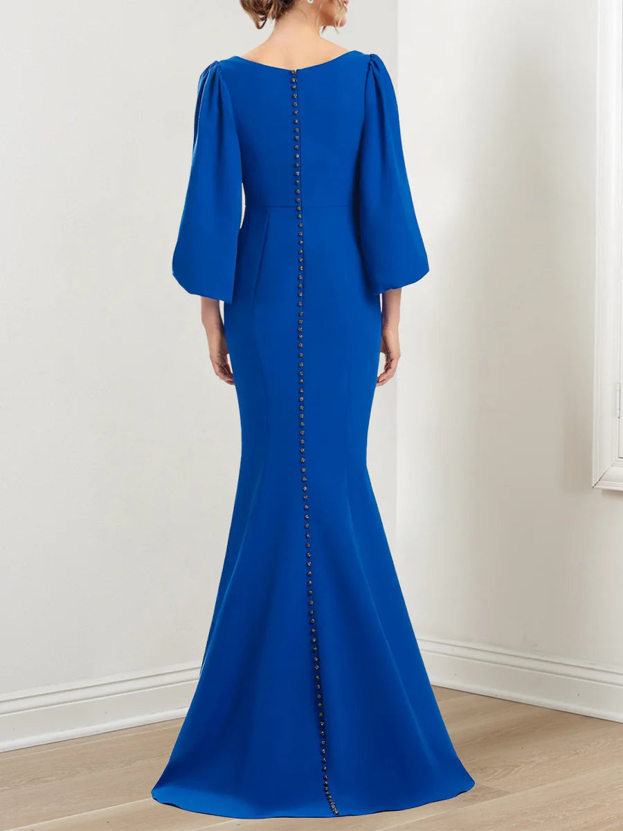 Mermaid V-neck dress with 3/4 sleeves and ankle-length design.