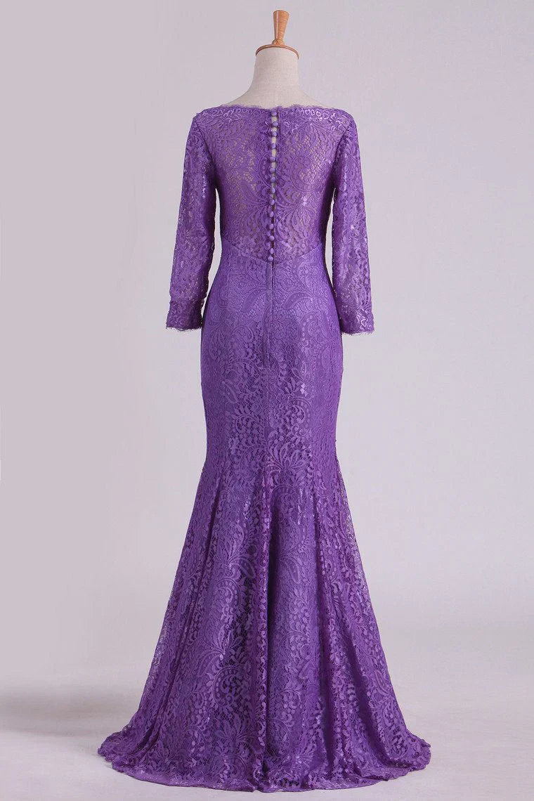 Mermaid V-neck 3/4 sleeve lace floor-length dress, side view.