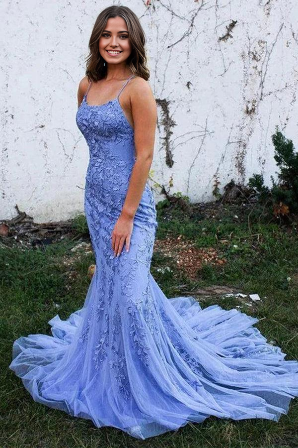 Elegant blue mermaid prom dress with a backless design.