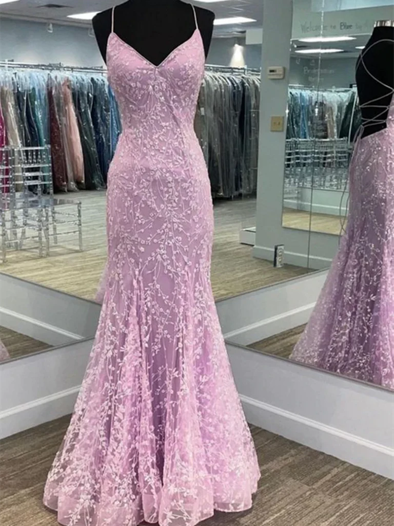 Elegant mermaid V-neck backless lace long prom dress.