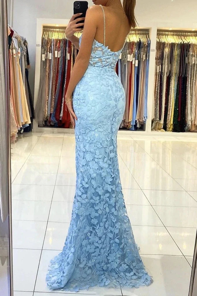 Side view of elegant Mermaid V-Neck Backless Lace Long Prom Dress.