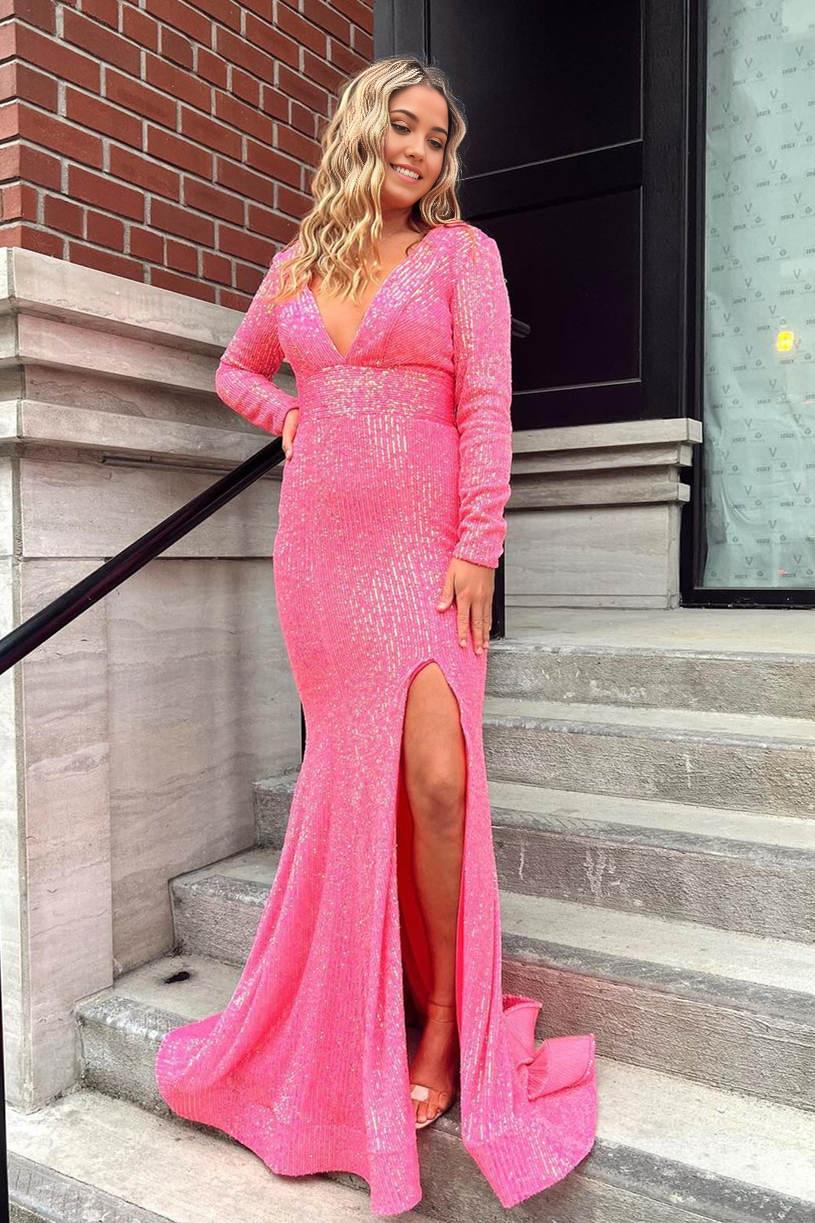 Pink mermaid V-neck formal dress with long sleeves and backless design.