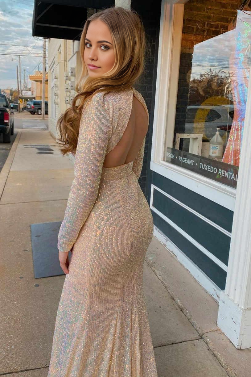 Close-up of the V-neckline and long sleeves on the pink mermaid dress.
