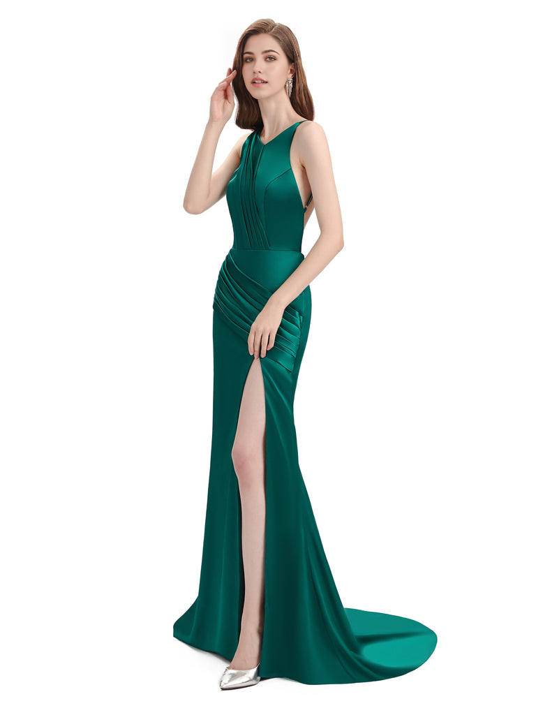 Elegant mermaid satin bridesmaid dress with V-neck and side slit.