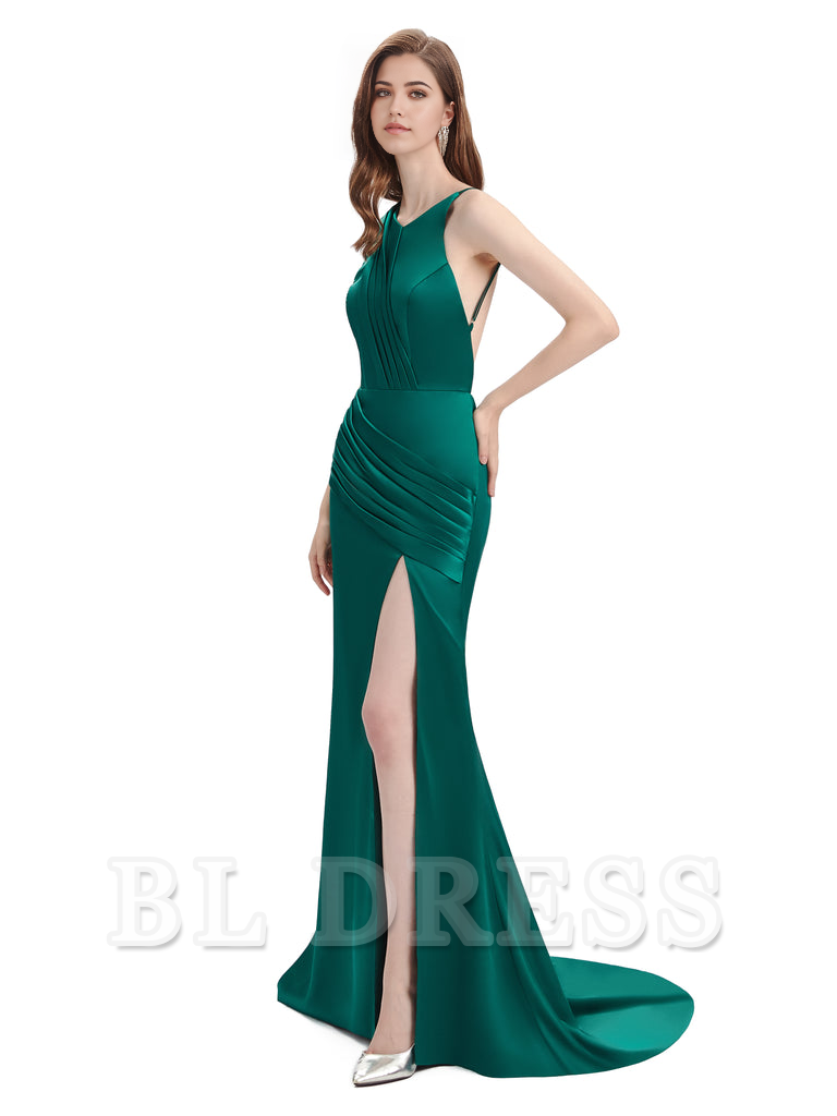 Front view of a floor-length satin evening gown with a flattering silhouette.