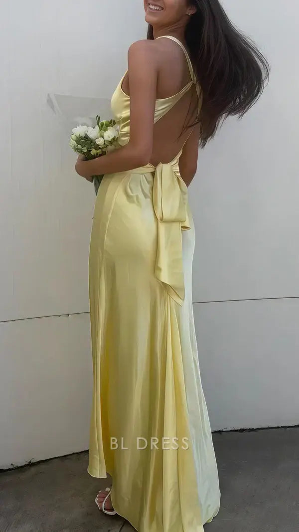 Mermaid satin gown with V-neckline and open back.