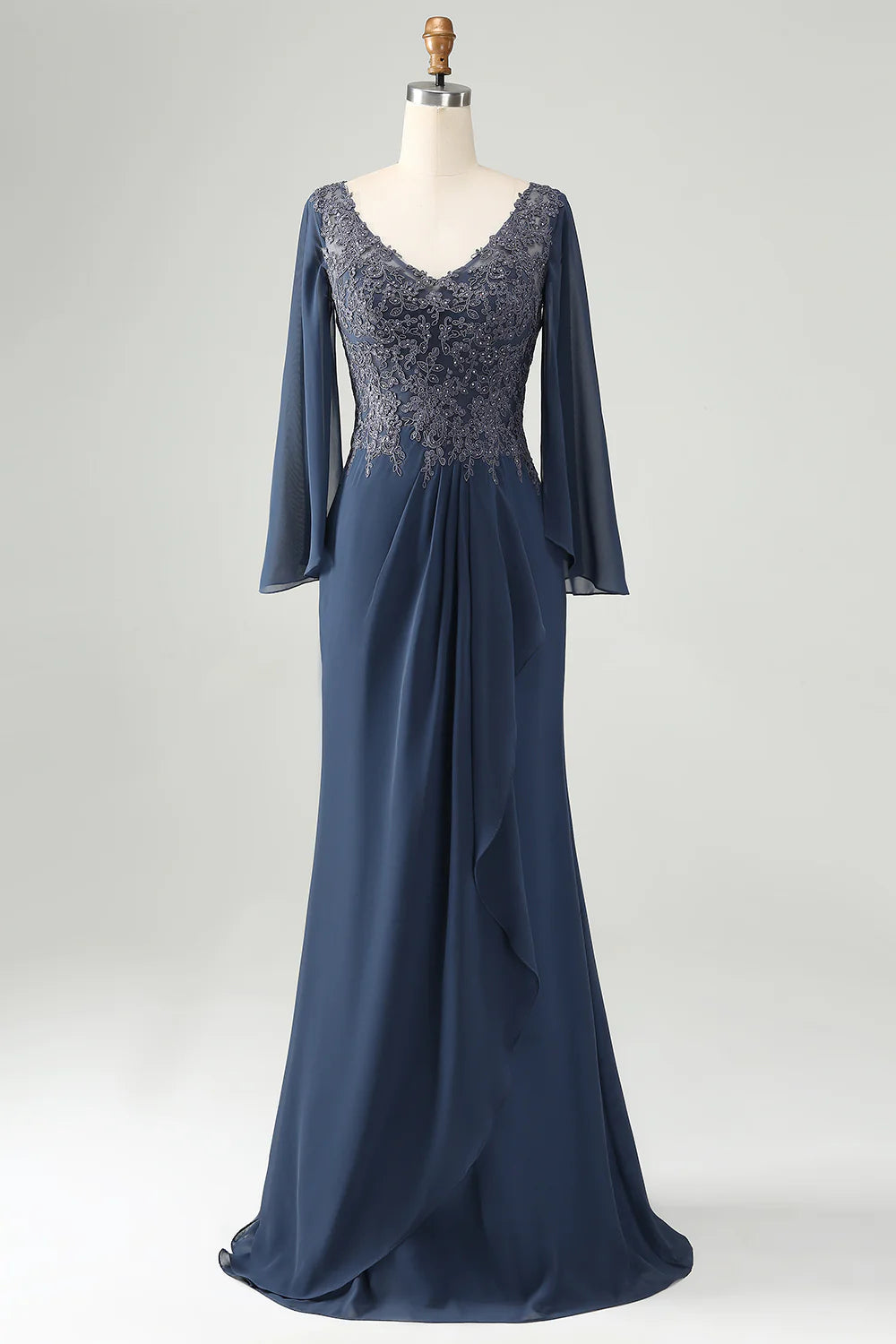 Elegant navy mermaid V-neck dress with intricate beading and appliques.