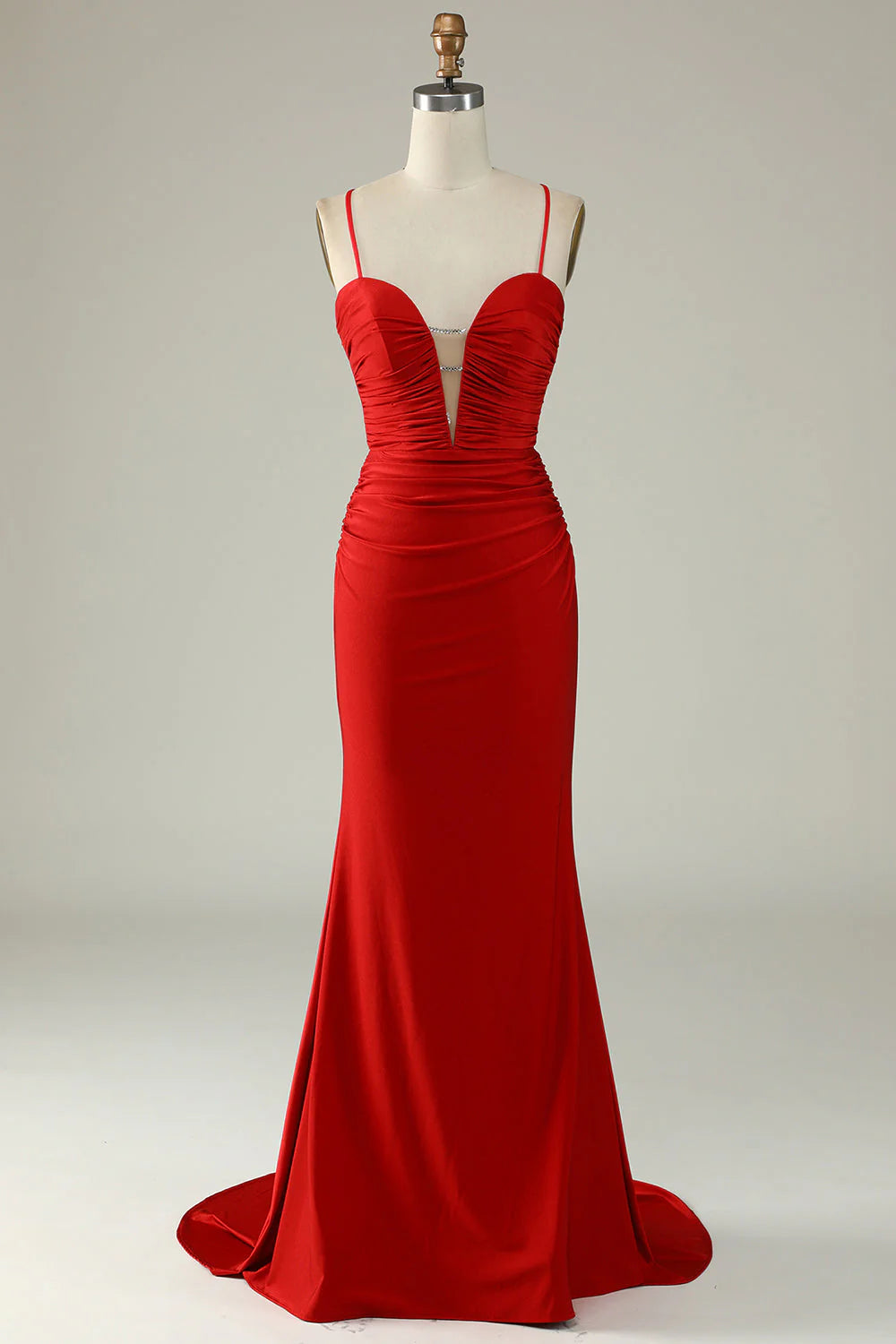 Elegant red mermaid V-neck prom dress with intricate beading.