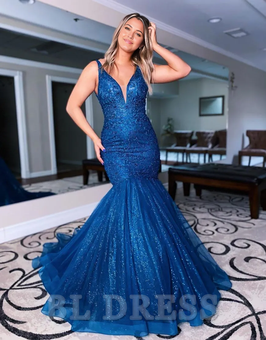 Navy blue mermaid V-neck formal dress with intricate beading, front view.