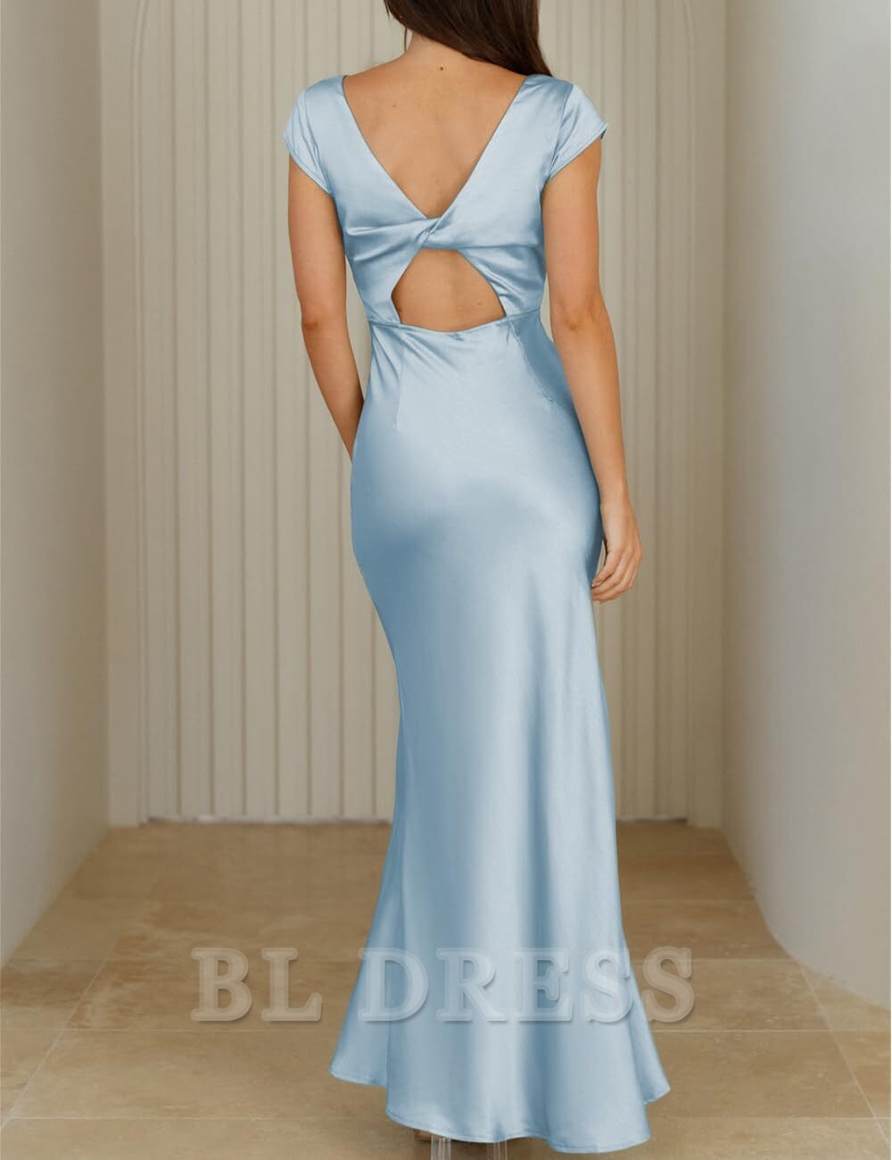 Back view of a mermaid satin dress with a backless design.