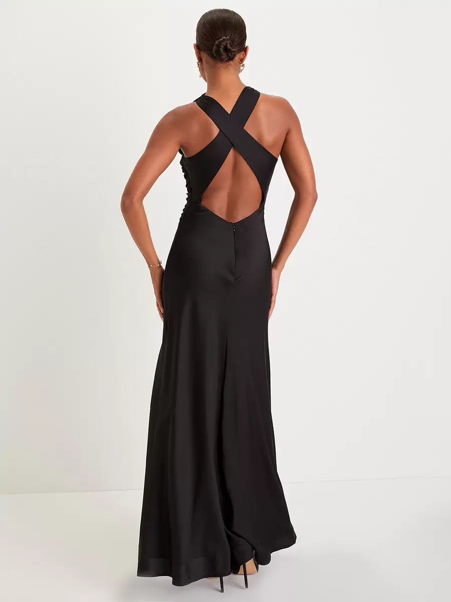 Side view of an elegant mermaid V-neck formal dress, showing the flowing skirt.
