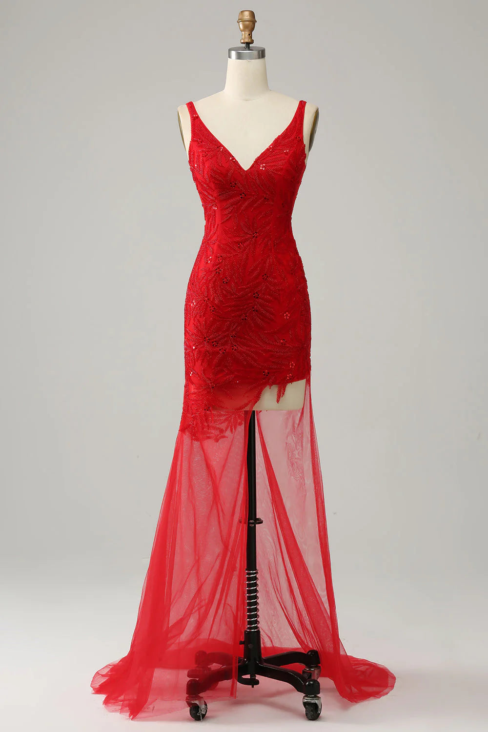 Elegant red mermaid V-neck long prom dress on a model.