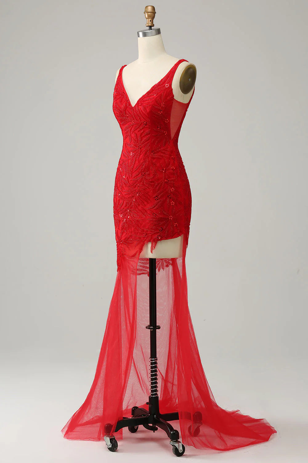 Back view of a model in a stunning red long evening dress.