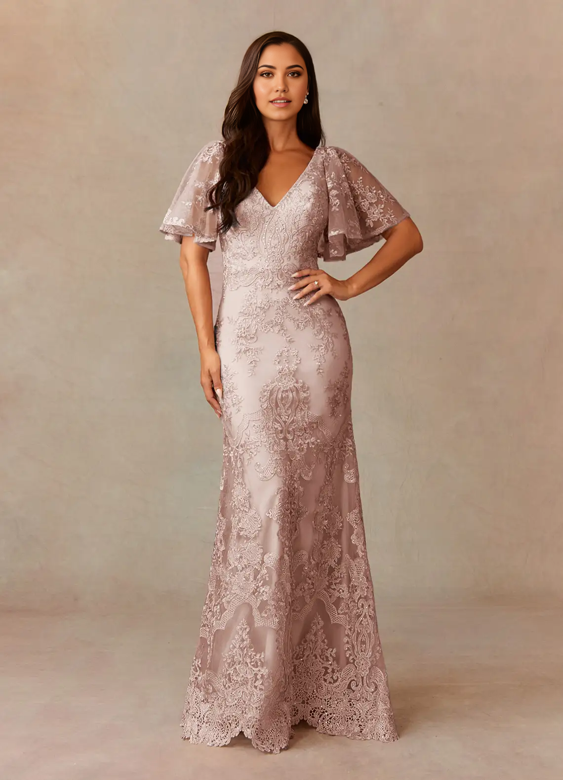 Dusty rose mermaid V-neck lace formal dress.