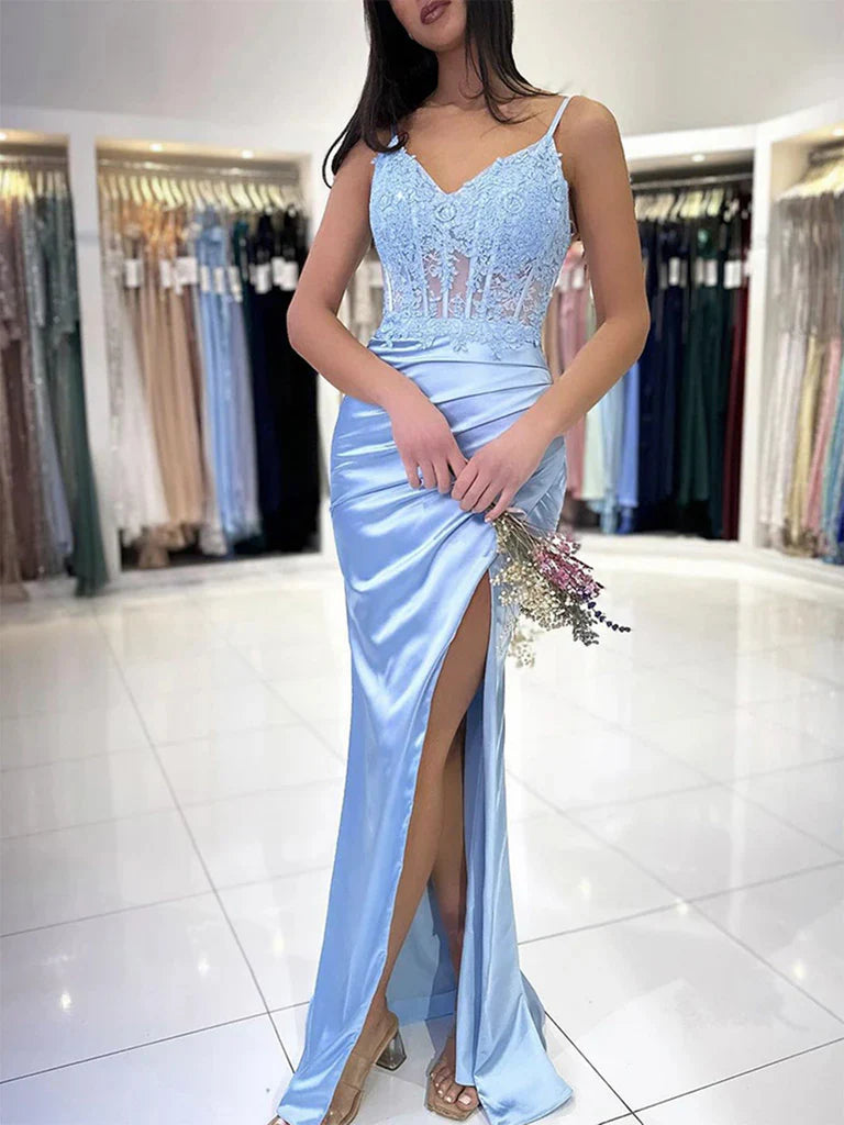 Back view of the V-neck lace mermaid prom dress with intricate appliques.