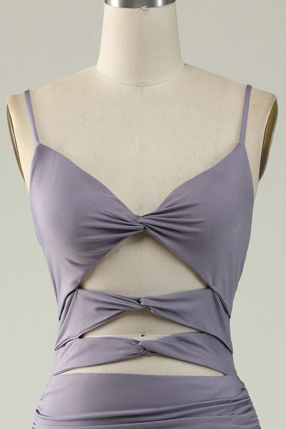 Close-up back view of the grey-purple prom dress with intricate lace-up detail.