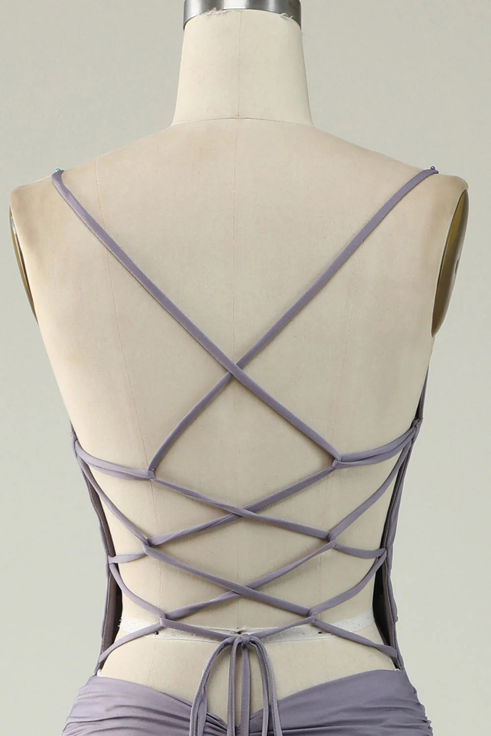 Full length view of the grey-purple mermaid prom dress for formal occasions.