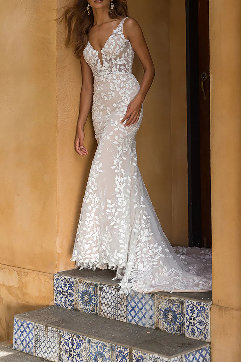 Back view of the mermaid V-neck wedding dress, showcasing the elegant train.