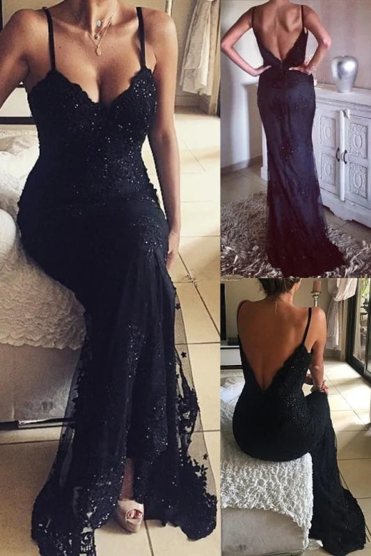 Woman wearing an elegant mermaid V-neck long prom dress with intricate beading and lace appliques.