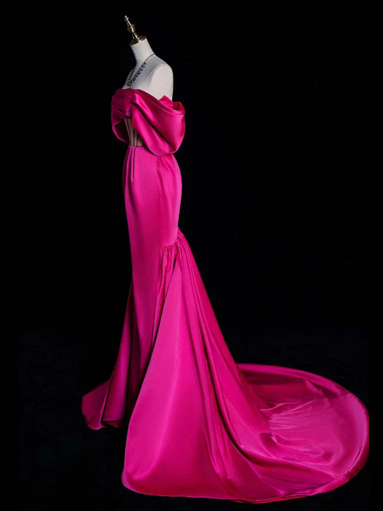 Back view of an elegant V-neck mermaid satin long prom dress.