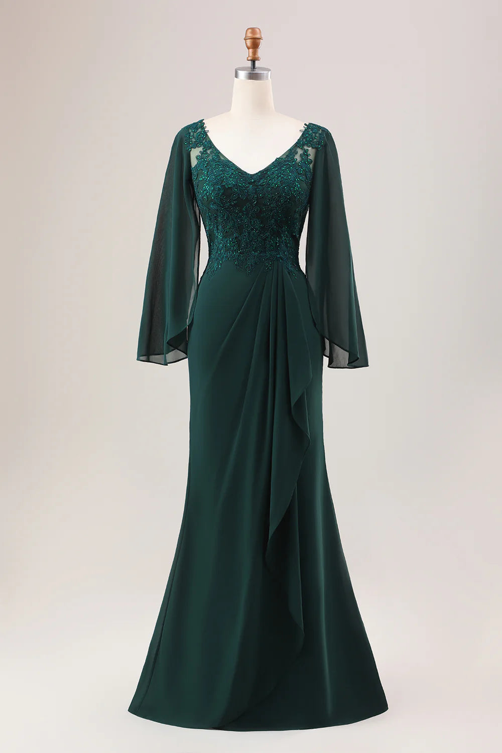 Elegant dark green mermaid glitter chiffon dress with long sleeves and V-neck.