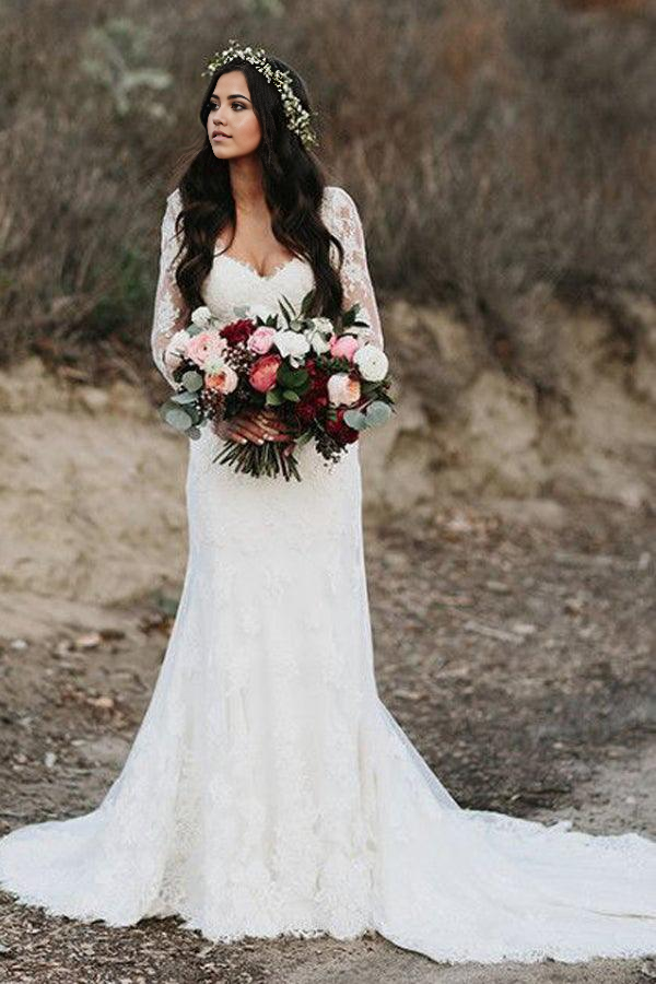 Mermaid V-neck long sleeve lace wedding dress.