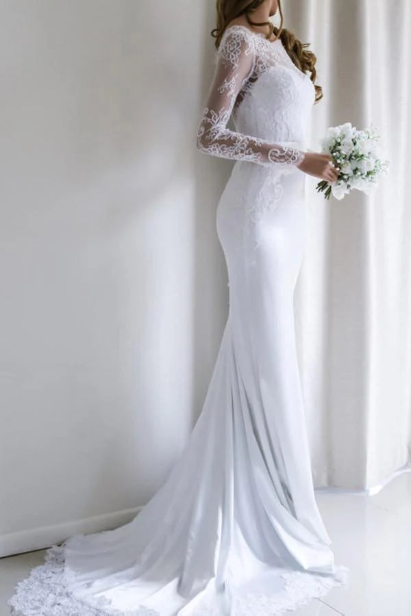 Elegant mermaid V-neck wedding dress with long lace sleeves and a flowing train, front view.