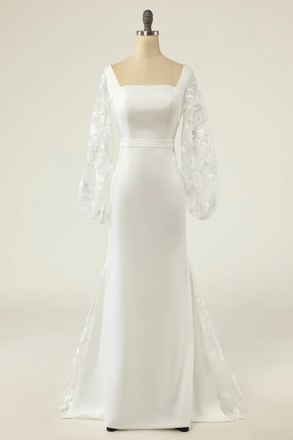 Elegant mermaid V-neck long sleeve white wedding gown.