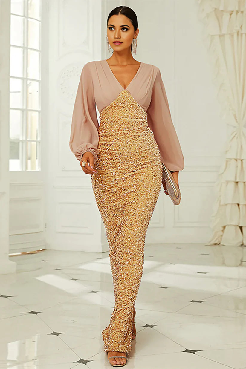 Elegant mermaid V-neck long sleeve sequin dress for Mother of the Bride.