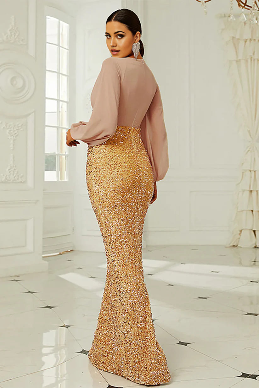 Side view of a woman wearing the mermaid sequin gown with long sleeves.