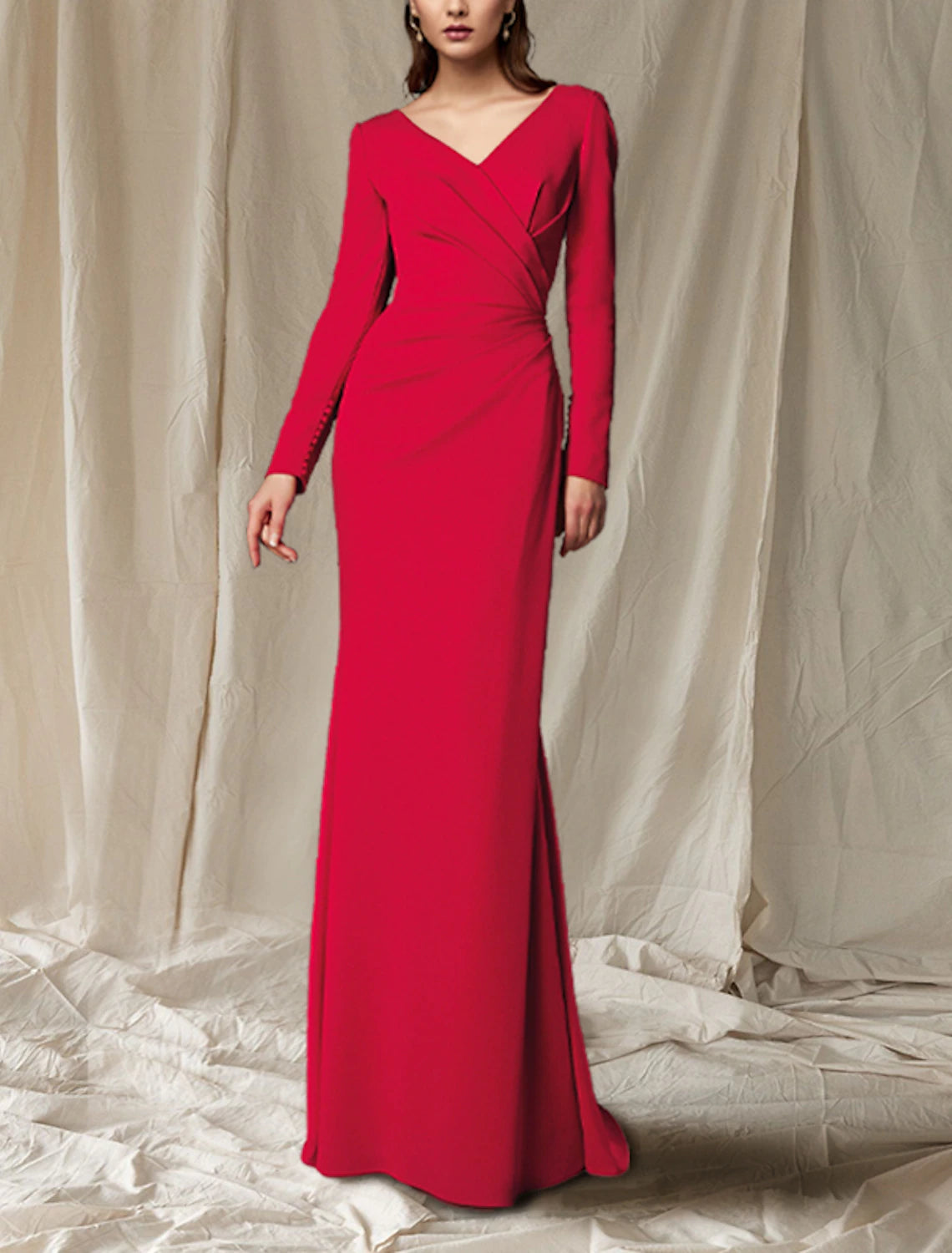 Full length view of the mermaid trumpet dress, showcasing its silhouette and stretch fabric.