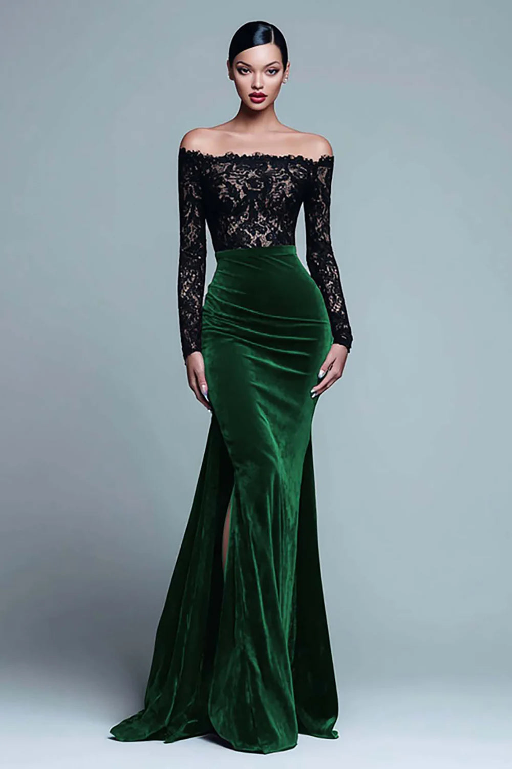 Full length view of black and burgundy velvet mermaid dress.