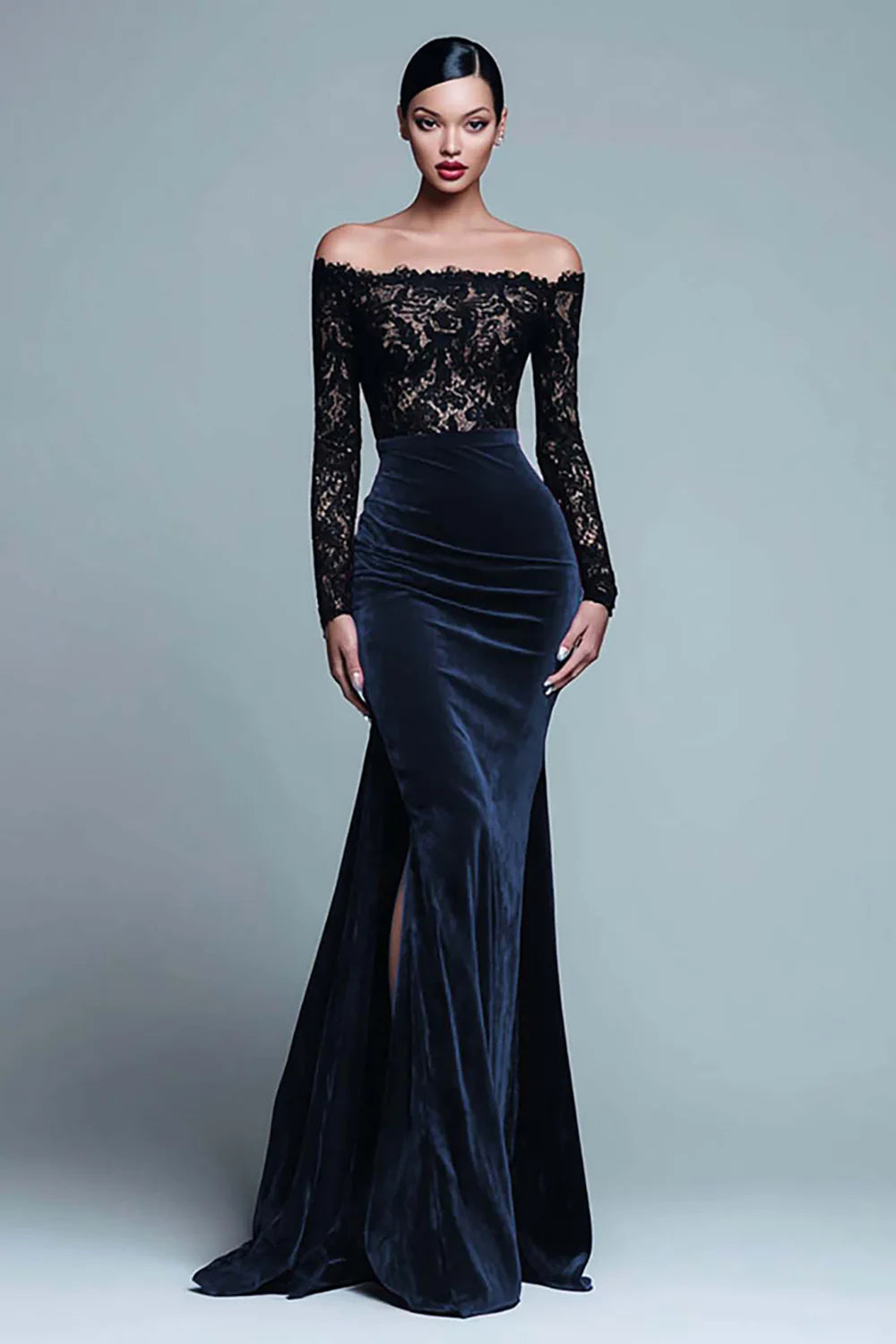 Model showcasing the mermaid silhouette of the velvet dress.