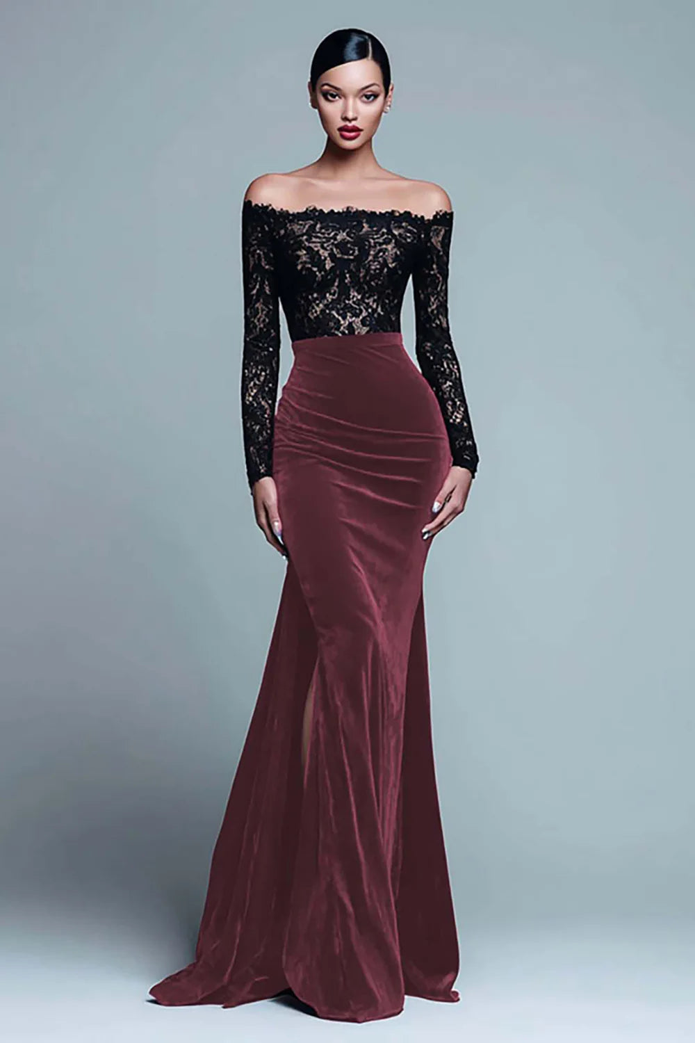 Detailed view of the velvet fabric and lace on the dress.