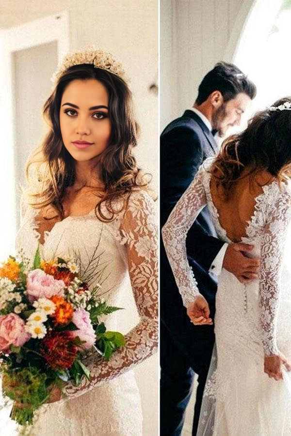 Elegant mermaid V-neck long sleeve white lace wedding dress.