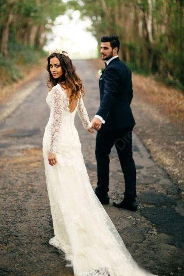 Mermaid white lace wedding dress with long sleeves and V-neck.