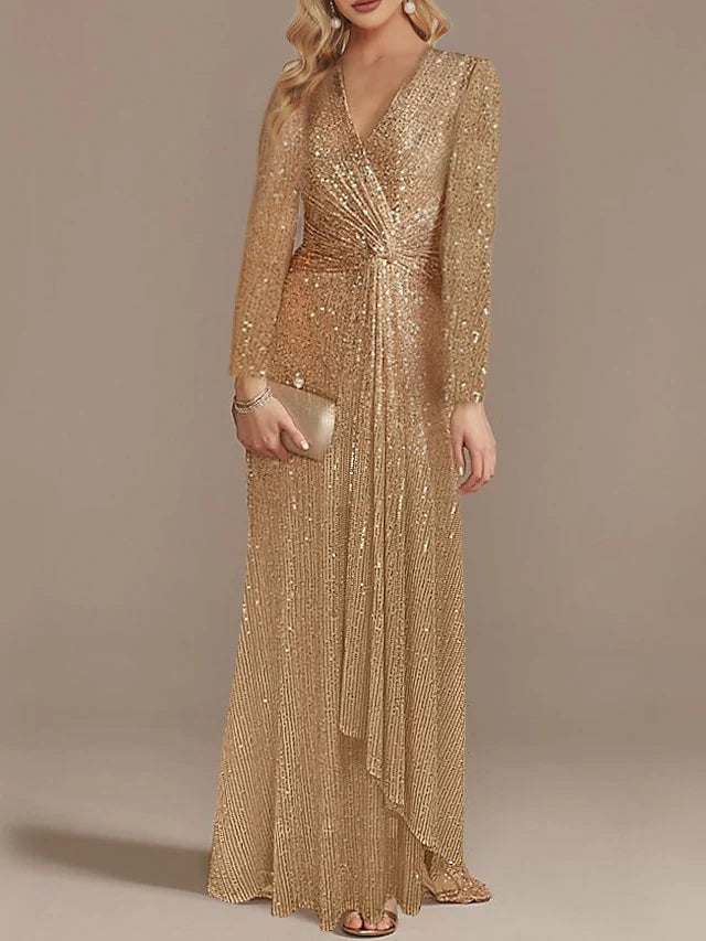 Elegant mermaid V-neck long sleeve prom dress, front view.