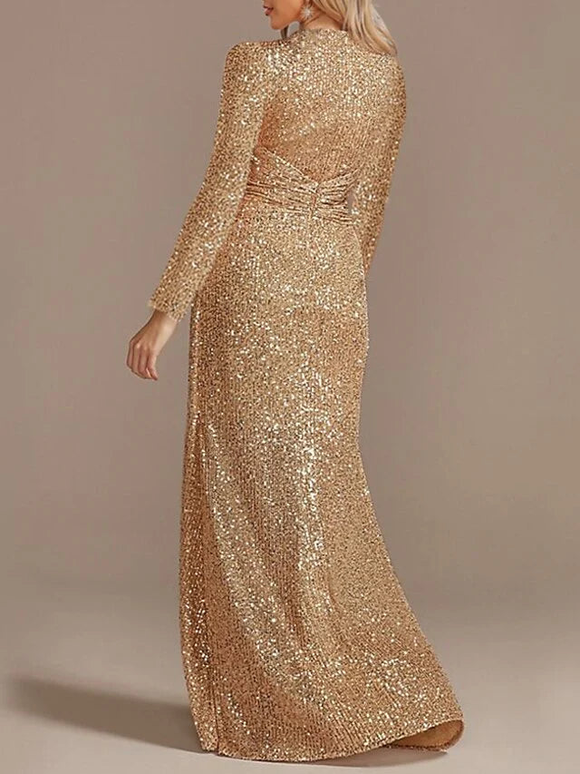 Mermaid V-neck long sleeve formal gown, side view.