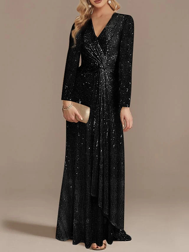 Sophisticated mermaid maxi dress with V-neck and long sleeves.