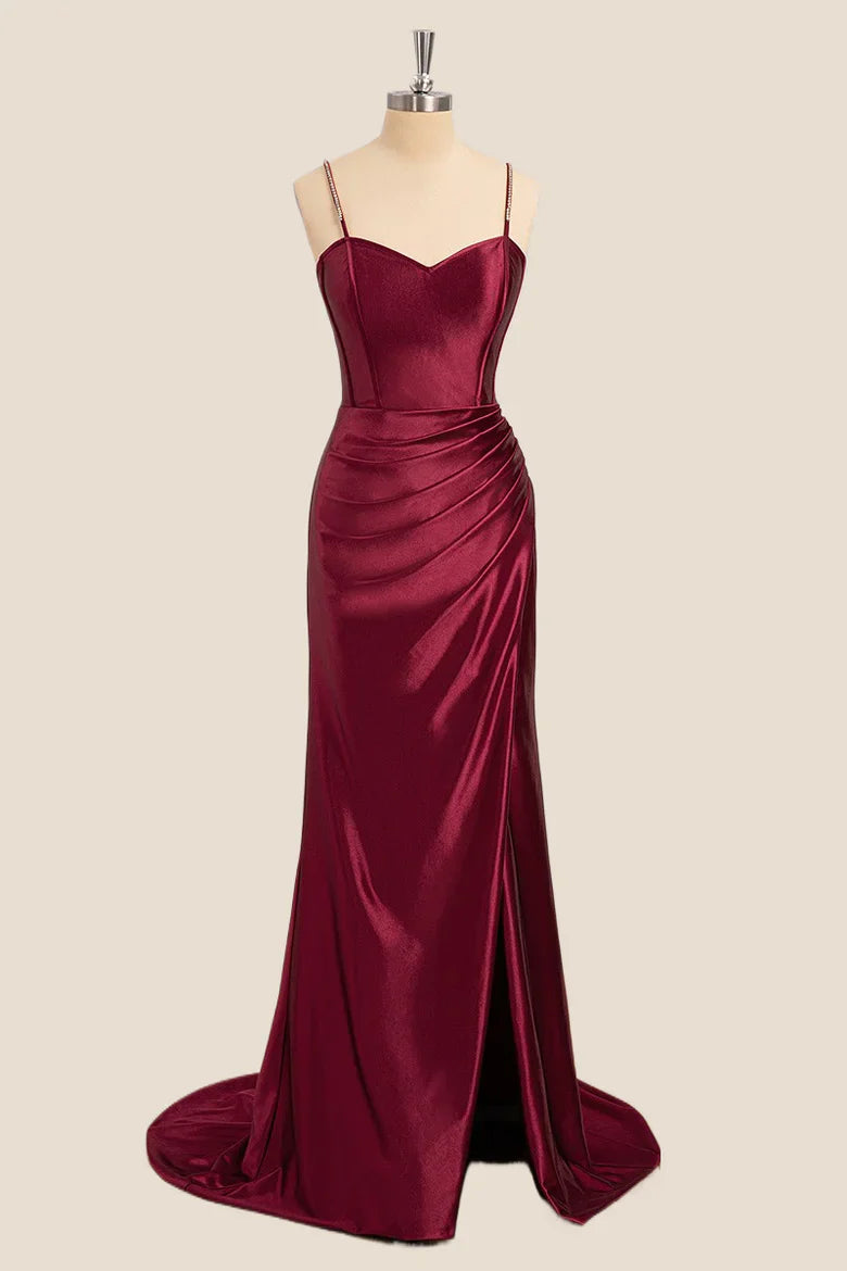 Elegant wine red mermaid V-neck long formal dress.