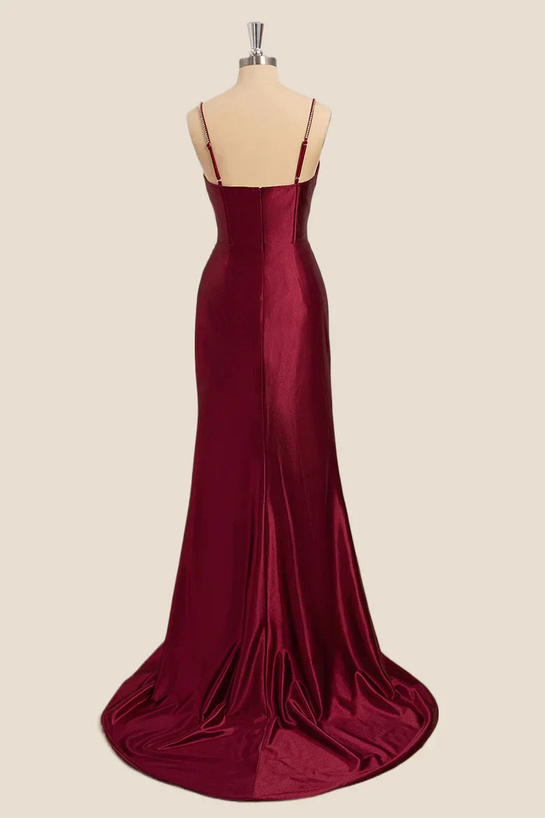 Back view of wine red mermaid V-neck formal gown.