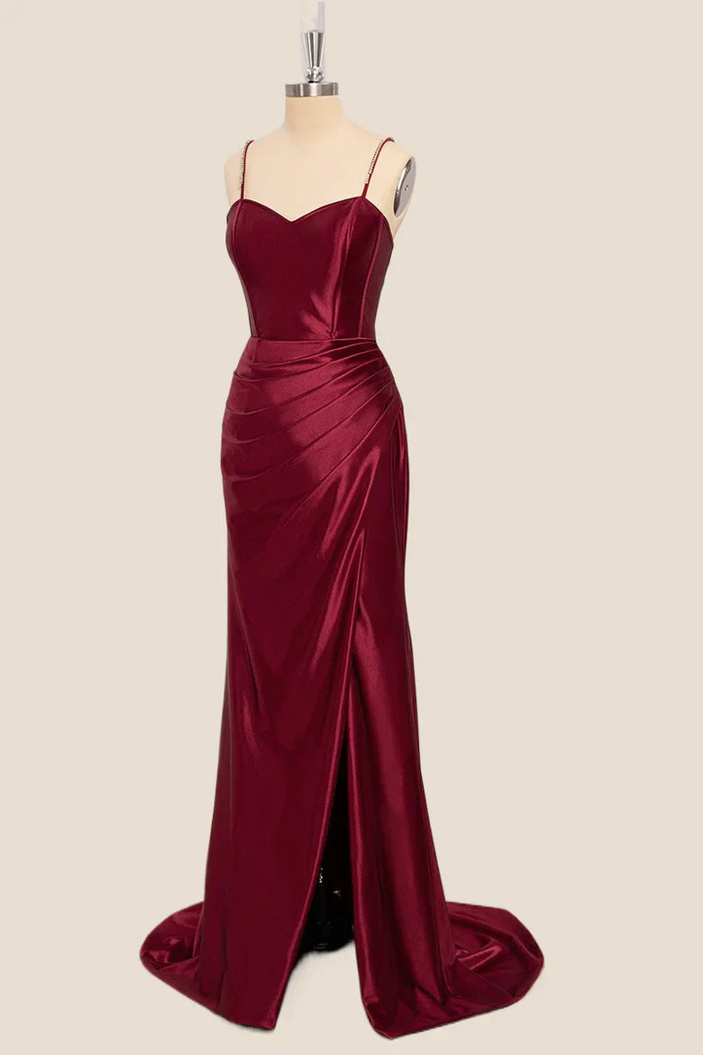 Side view of wine red mermaid V-neck long dress.