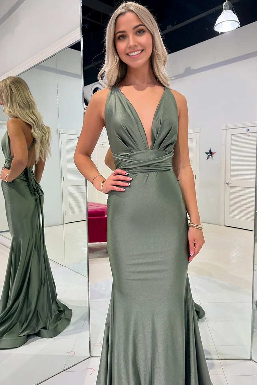 Back view of the olive green mermaid formal dress.